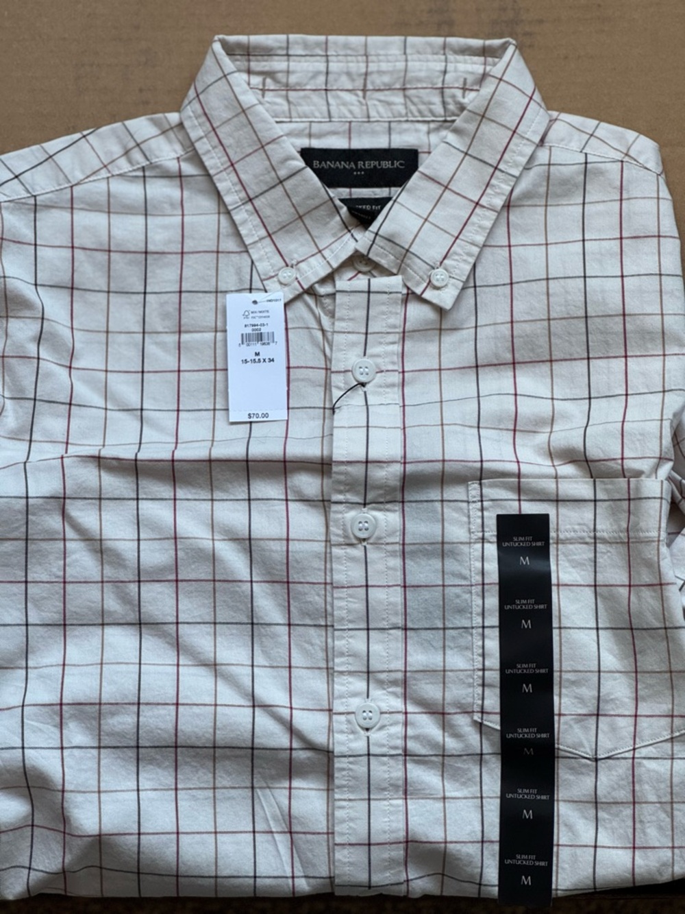 Banana Republic Cream Button-Down Shirt with Red Grid